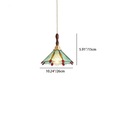 Abat-jour conique en vitrail traditionnel français 1 lumière pour suspension dans le salon 