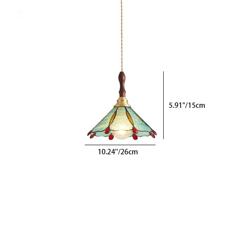 Abat-jour conique en vitrail traditionnel français 1 lumière pour suspension dans le salon 