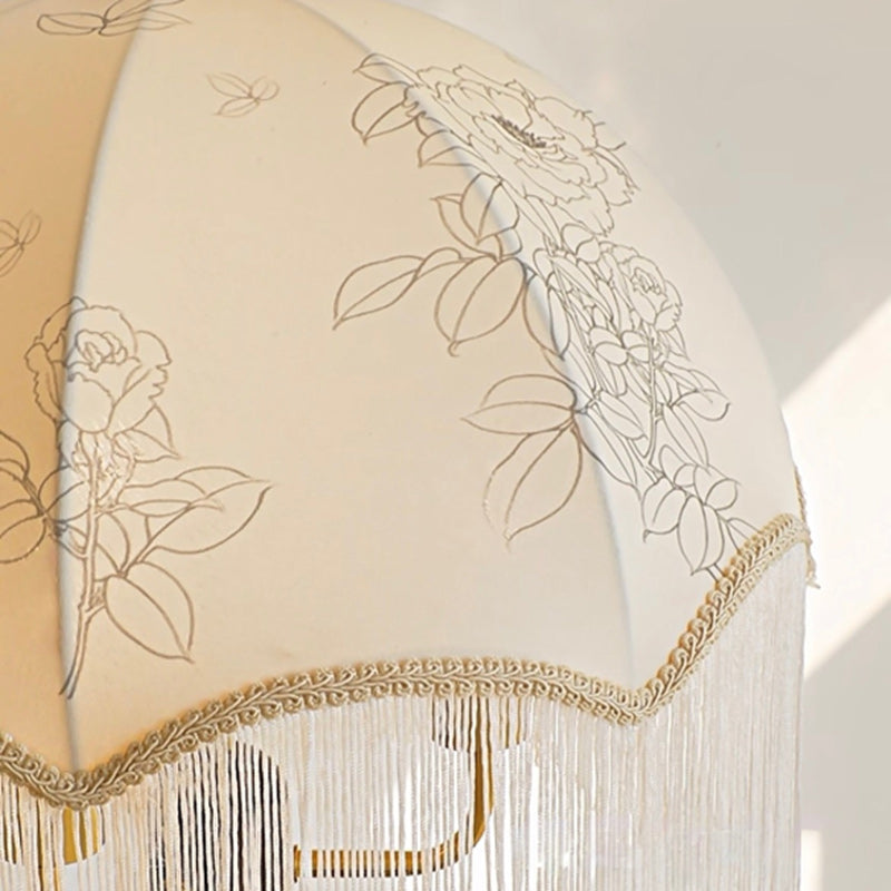 Traditional French Ash Wood Floral Pattern Fabric Shade Tassel 3-Light Chandelier For Living Room