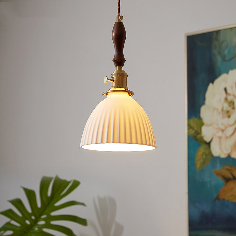 Lámpara colgante redonda de cerámica de madera japonesa tradicional de 1 luz para sala de estar 