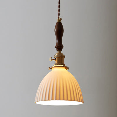 Lámpara colgante redonda de cerámica de madera japonesa tradicional de 1 luz para sala de estar 