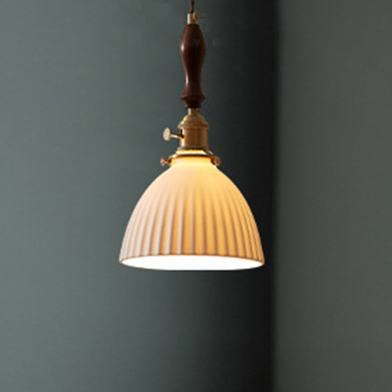 Lámpara colgante redonda de cerámica de madera japonesa tradicional de 1 luz para sala de estar 