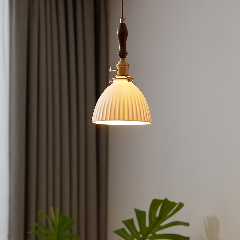 Lámpara colgante redonda de cerámica de madera japonesa tradicional de 1 luz para sala de estar 
