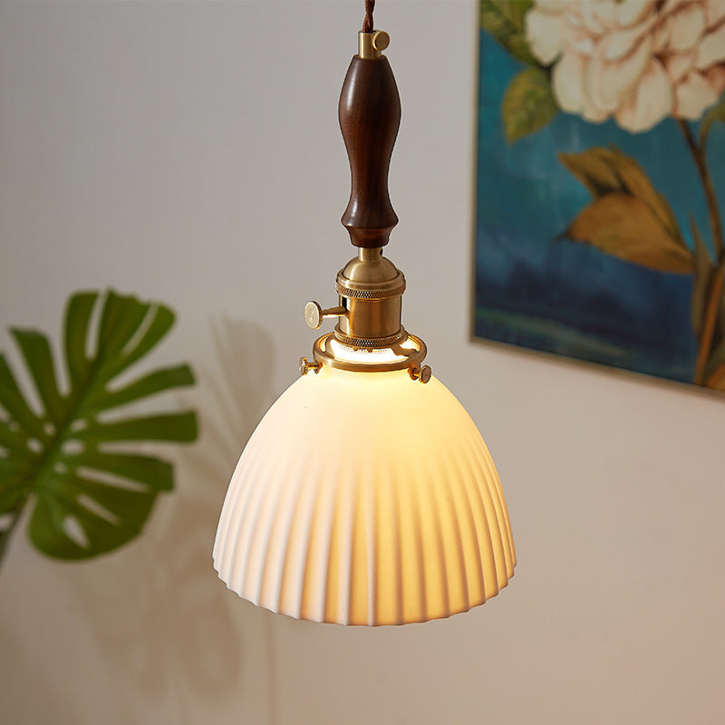 Lámpara colgante redonda de cerámica de madera japonesa tradicional de 1 luz para sala de estar 