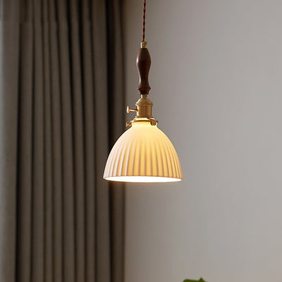 Lámpara colgante redonda de cerámica de madera japonesa tradicional de 1 luz para sala de estar 