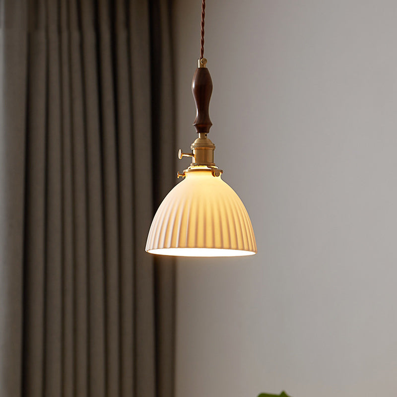 Lámpara colgante redonda de cerámica de madera japonesa tradicional de 1 luz para sala de estar 