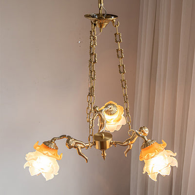 Chandelier traditionnel en laiton antique français avec abat-jour en verre fleur d'ange 1/3 lumières pour salon 