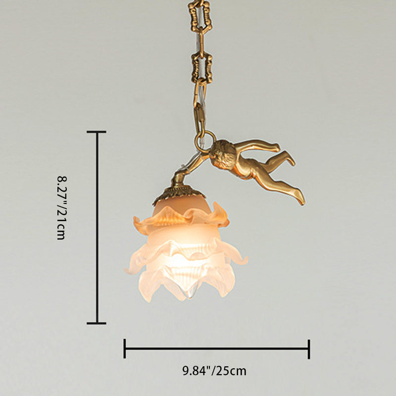 Chandelier traditionnel en laiton antique français avec abat-jour en verre fleur d&