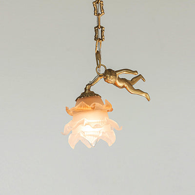 Chandelier traditionnel en laiton antique français avec abat-jour en verre fleur d'ange 1/3 lumières pour salon 