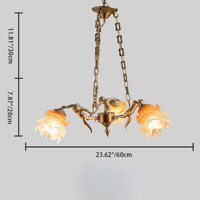 Chandelier traditionnel en laiton antique français avec abat-jour en verre fleur d'ange 1/3 lumières pour salon 