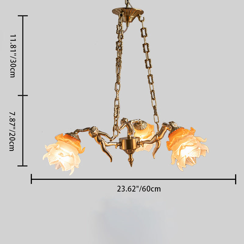 Chandelier traditionnel en laiton antique français avec abat-jour en verre fleur d&