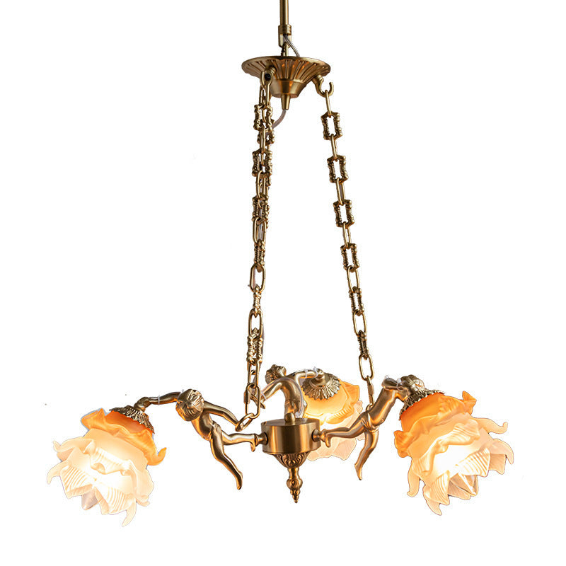 Chandelier traditionnel en laiton antique français avec abat-jour en verre fleur d&