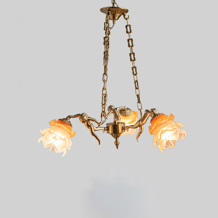 Chandelier traditionnel en laiton antique français avec abat-jour en verre fleur d&