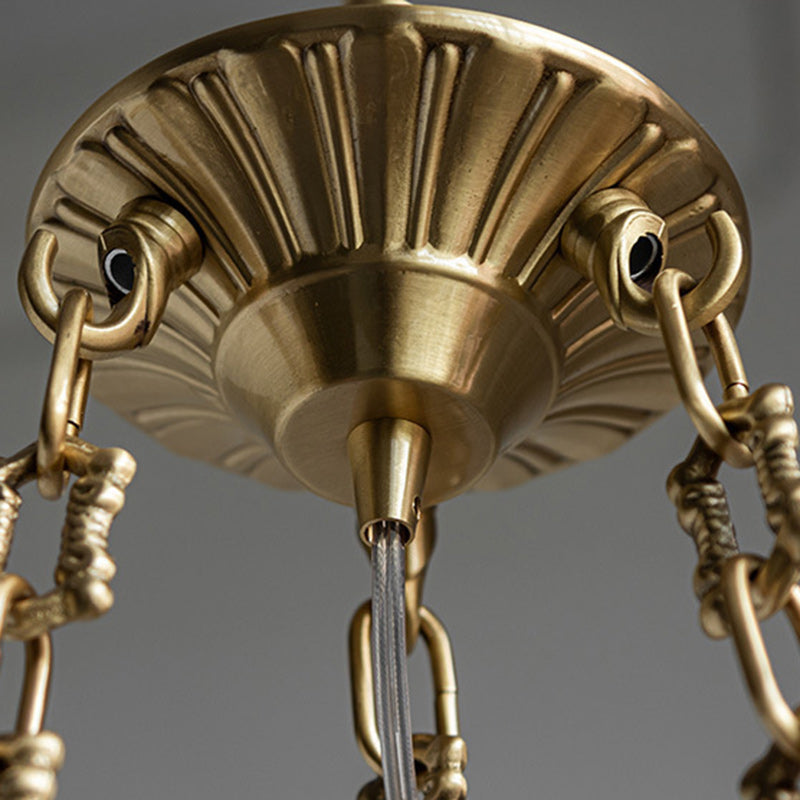 Chandelier traditionnel en laiton antique français avec abat-jour en verre fleur d&