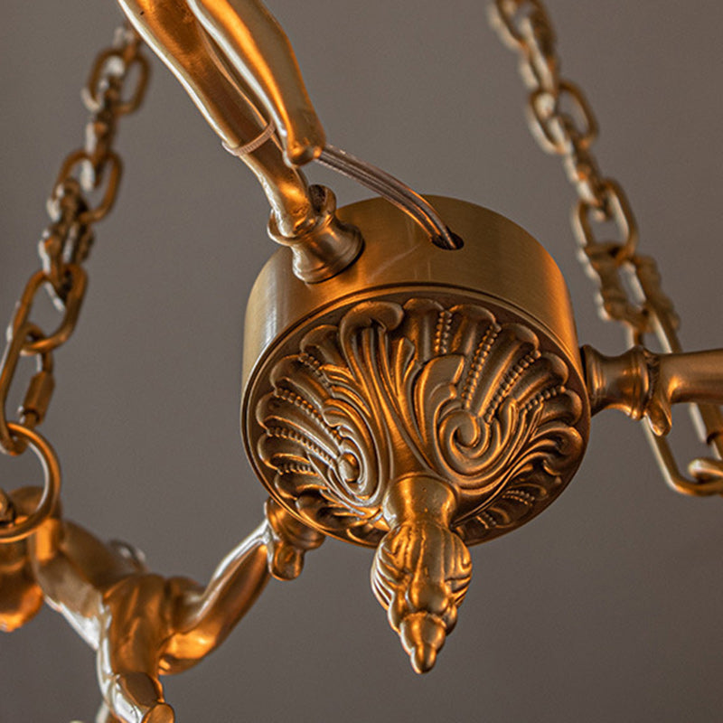 Chandelier traditionnel en laiton antique français avec abat-jour en verre fleur d&