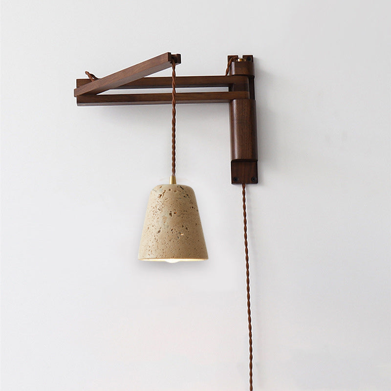 Traditionelle japanische Holz-Travertin-Wandleuchte mit rundem Schirm, einflammig, einziehbar, klappbar, für Wohnzimmer