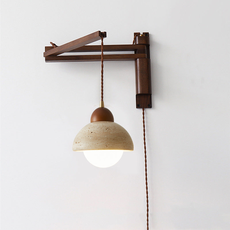 Traditionelle japanische Holz-Travertin-Wandleuchte mit rundem Schirm, einflammig, einziehbar, klappbar, für Wohnzimmer