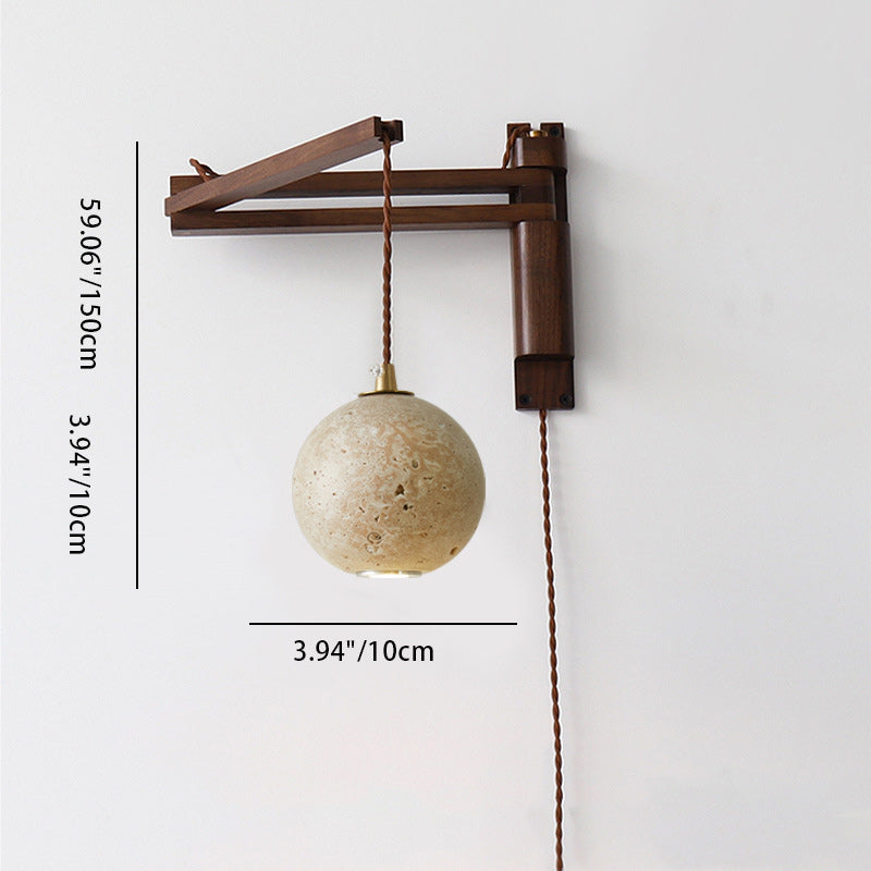 Traditionelle japanische Holz-Travertin-Wandleuchte mit rundem Schirm, einflammig, einziehbar, klappbar, für Wohnzimmer