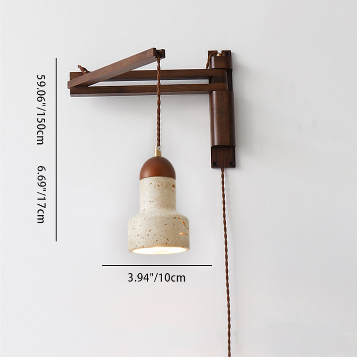 Traditional Japanese Wood Travertine Round Shade 1-Light Retractable Folding Wall Sconce Lamp For Living Room