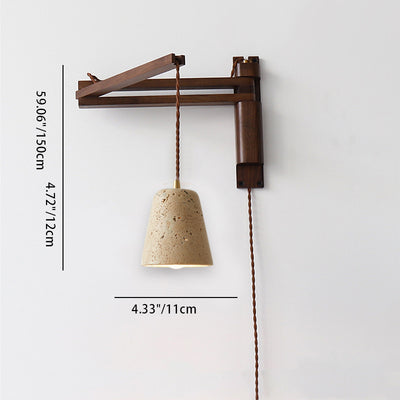 Traditionelle japanische Holz-Travertin-Wandleuchte mit rundem Schirm, einflammig, einziehbar, klappbar, für Wohnzimmer