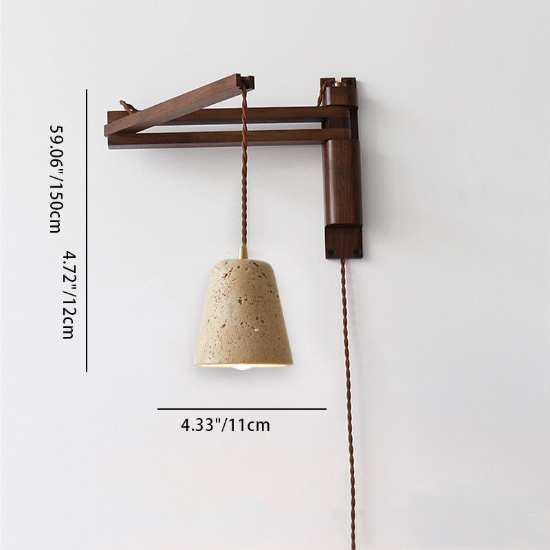 Traditionelle japanische Holz-Travertin-Wandleuchte mit rundem Schirm, einflammig, einziehbar, klappbar, für Wohnzimmer