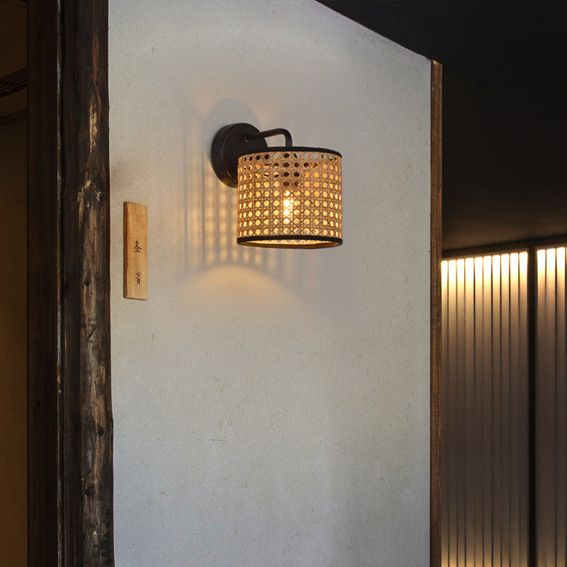 Contemporary Boho Cylindrical Hand-Woven Rattan 1-Light Wall Sconce Lamp For Living Room