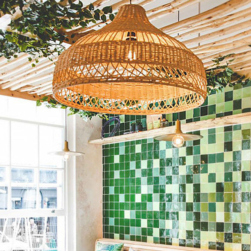 Lámpara colgante de 1 luz con forma de sombrero de tejido de ratán boho contemporáneo para comedor 
