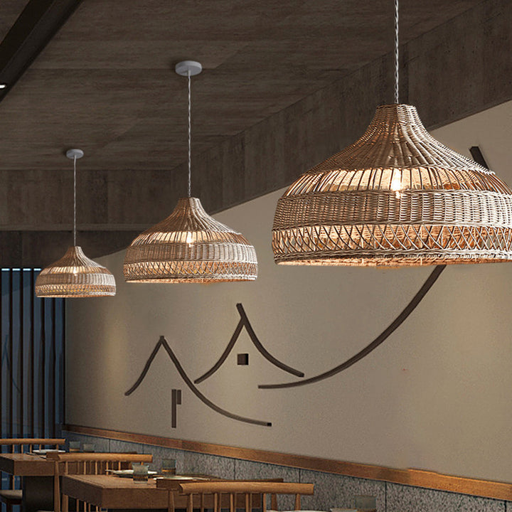 Lámpara colgante de 1 luz con forma de sombrero de tejido de ratán boho contemporáneo para comedor 