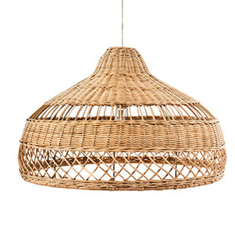 Lámpara colgante de 1 luz con forma de sombrero de tejido de ratán boho contemporáneo para comedor 