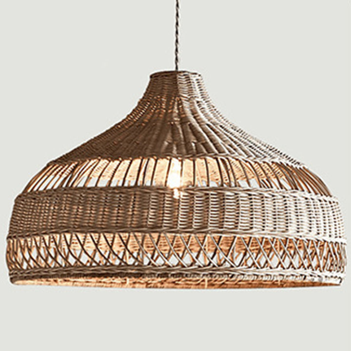 Lámpara colgante de 1 luz con forma de sombrero de tejido de ratán boho contemporáneo para comedor 