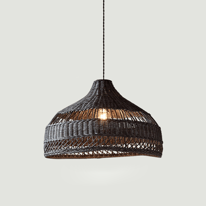 Lámpara colgante de 1 luz con forma de sombrero de tejido de ratán boho contemporáneo para comedor 