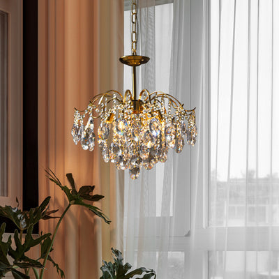 Lustre contemporain de luxe avec cadre en cuivre massif et chaîne de cristal éblouissante à 6 lumières pour salon 