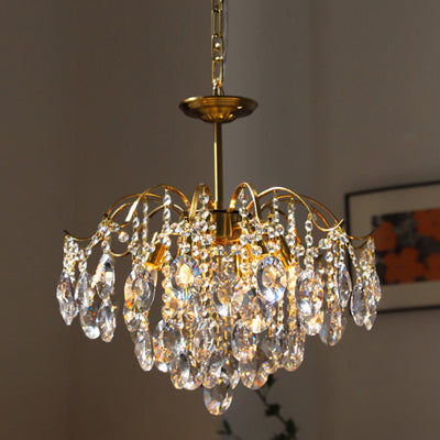 Lustre contemporain de luxe avec cadre en cuivre massif et chaîne de cristal éblouissante à 6 lumières pour salon 