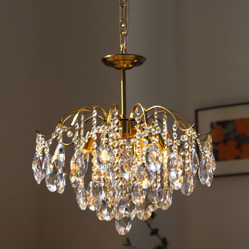 Lustre contemporain de luxe avec cadre en cuivre massif et chaîne de cristal éblouissante à 6 lumières pour salon 
