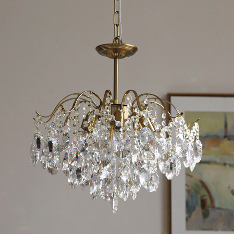 Lustre contemporain de luxe avec cadre en cuivre massif et chaîne de cristal éblouissante à 6 lumières pour salon 