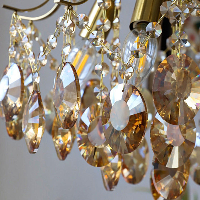 Lustre contemporain de luxe avec cadre en cuivre massif et chaîne de cristal éblouissante à 6 lumières pour salon 