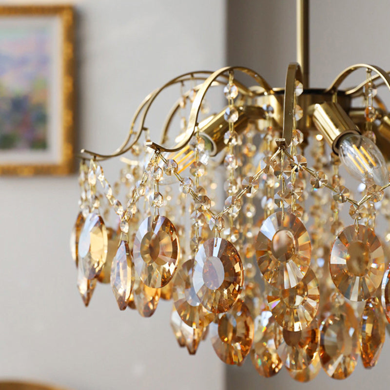 Lustre contemporain de luxe avec cadre en cuivre massif et chaîne de cristal éblouissante à 6 lumières pour salon 