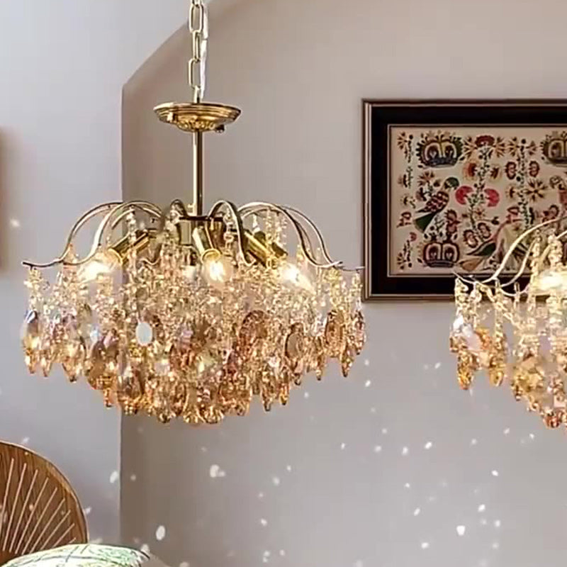 Lustre contemporain de luxe avec cadre en cuivre massif et chaîne de cristal éblouissante à 6 lumières pour salon 