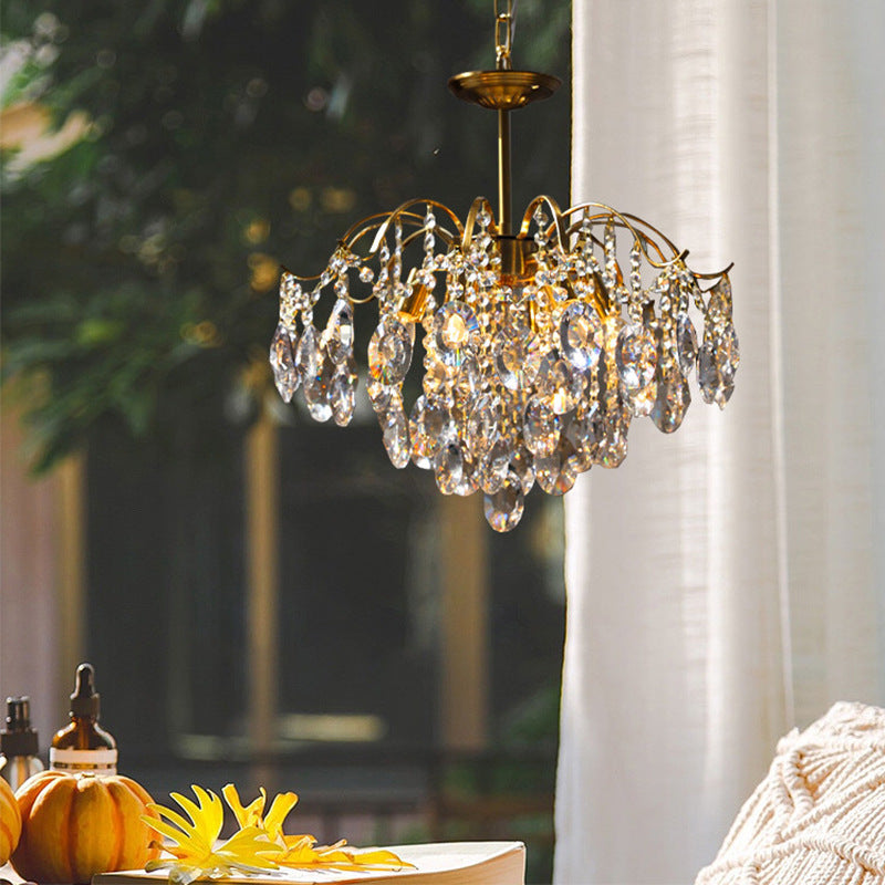 Lustre contemporain de luxe avec cadre en cuivre massif et chaîne de cristal éblouissante à 6 lumières pour salon 
