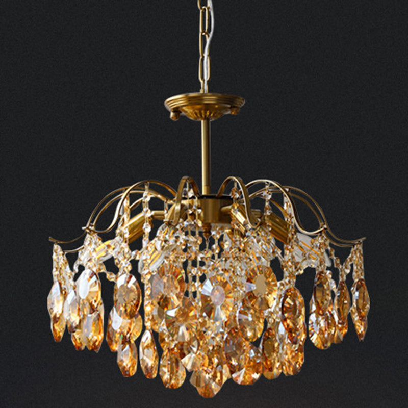 Lustre contemporain de luxe avec cadre en cuivre massif et chaîne de cristal éblouissante à 6 lumières pour salon 