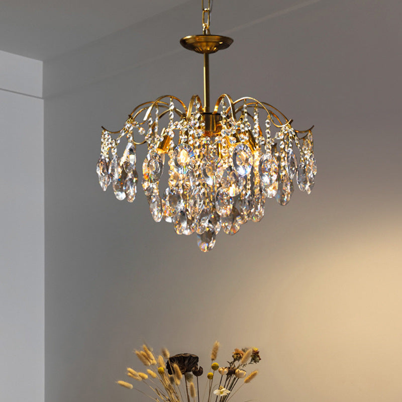 Lustre contemporain de luxe avec cadre en cuivre massif et chaîne de cristal éblouissante à 6 lumières pour salon 