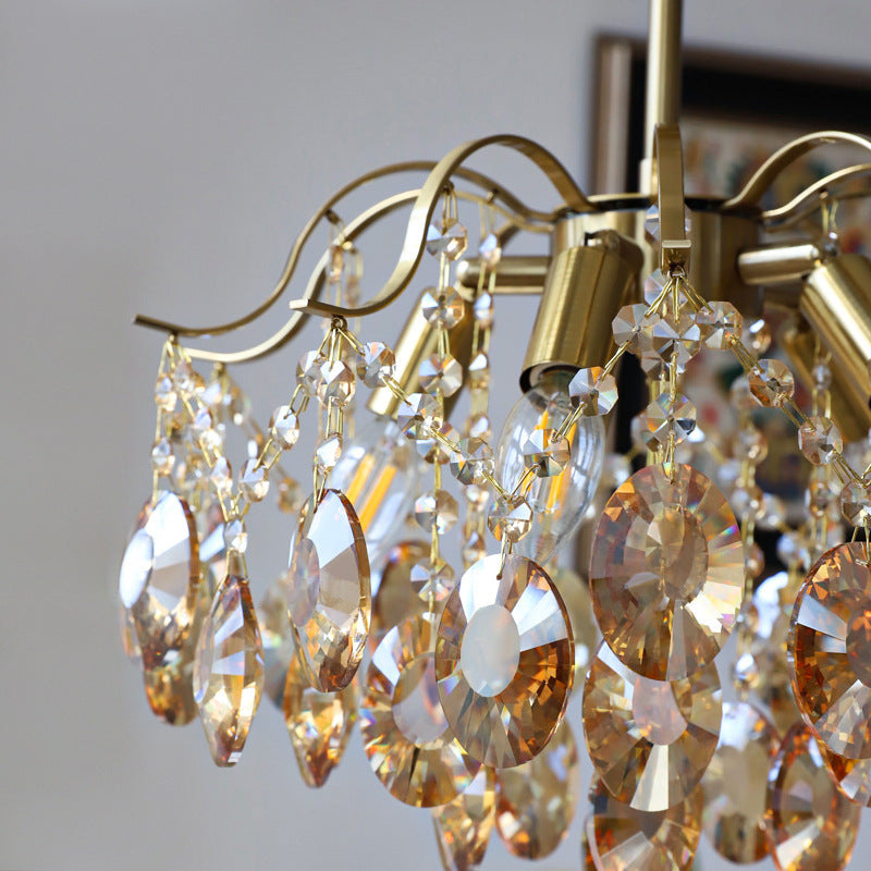 Lustre contemporain de luxe avec cadre en cuivre massif et chaîne de cristal éblouissante à 6 lumières pour salon 