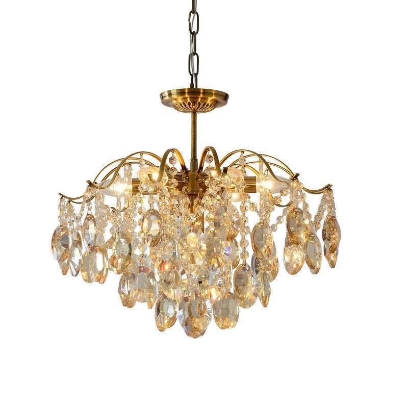 Lustre contemporain de luxe avec cadre en cuivre massif et chaîne de cristal éblouissante à 6 lumières pour salon 