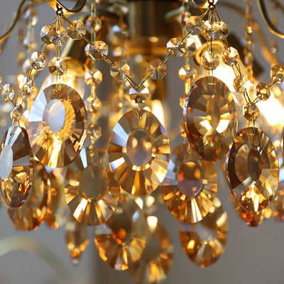 Lustre contemporain de luxe avec cadre en cuivre massif et chaîne de cristal éblouissante à 6 lumières pour salon 
