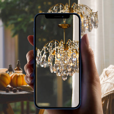Lustre contemporain de luxe avec cadre en cuivre massif et chaîne de cristal éblouissante à 6 lumières pour salon 