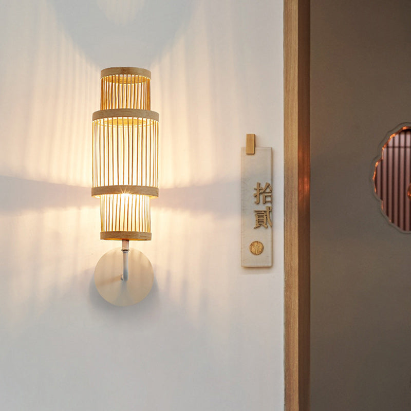 Applique murale 1 lumière avec abat-jour en bambou tissé traditionnel japonais pour salon 