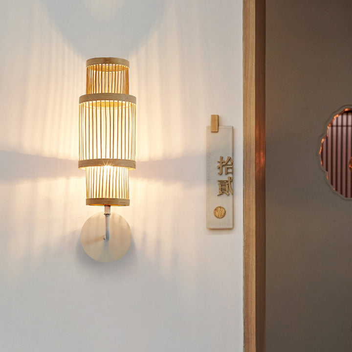 Applique murale 1 lumière avec abat-jour en bambou tissé traditionnel japonais pour salon 