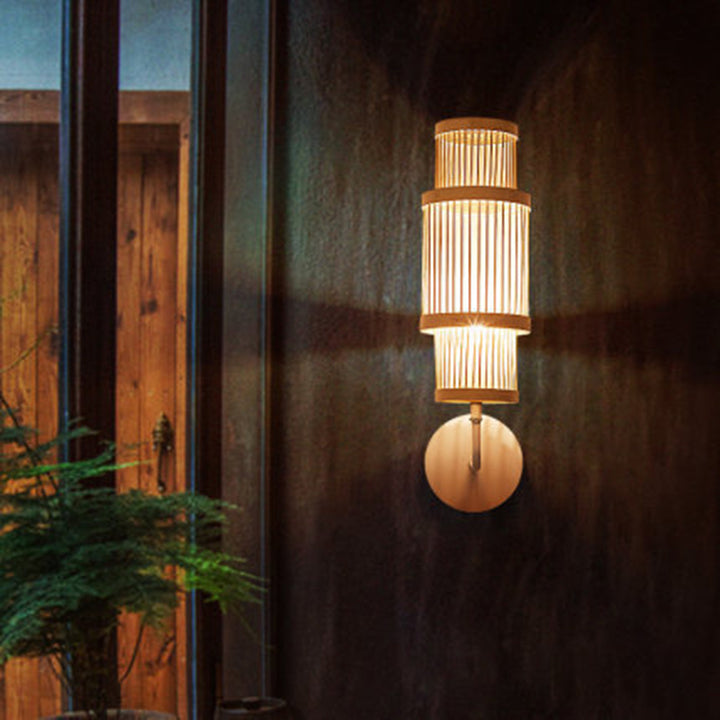 Applique murale 1 lumière avec abat-jour en bambou tissé traditionnel japonais pour salon 