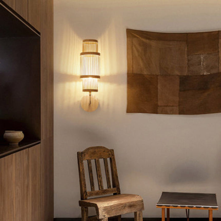 Applique murale 1 lumière avec abat-jour en bambou tissé traditionnel japonais pour salon 