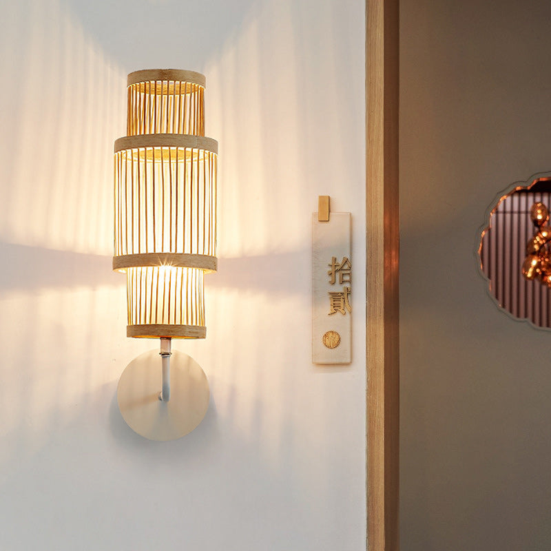Applique murale 1 lumière avec abat-jour en bambou tissé traditionnel japonais pour salon 